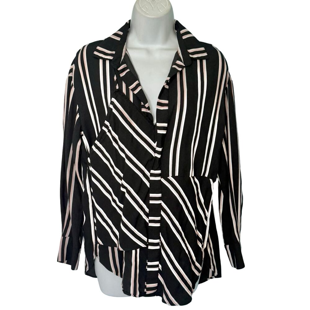 Maje Larencia Black White Diagonal Stripe Layered Trompe Collared Shirt sz 1 / S
